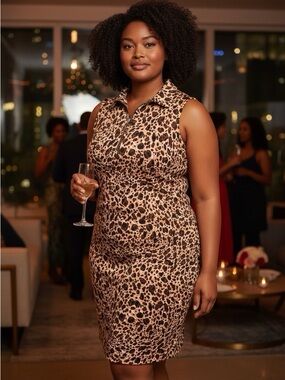 Sleeveless Leopard Print Shift Dress with Zip Neck - Anne Klein
